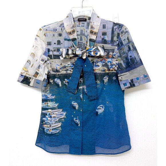 Akris Tops - Akris Marina Grande Capri Port Print Cotton Shirt Top Blue Buildings Boats 6